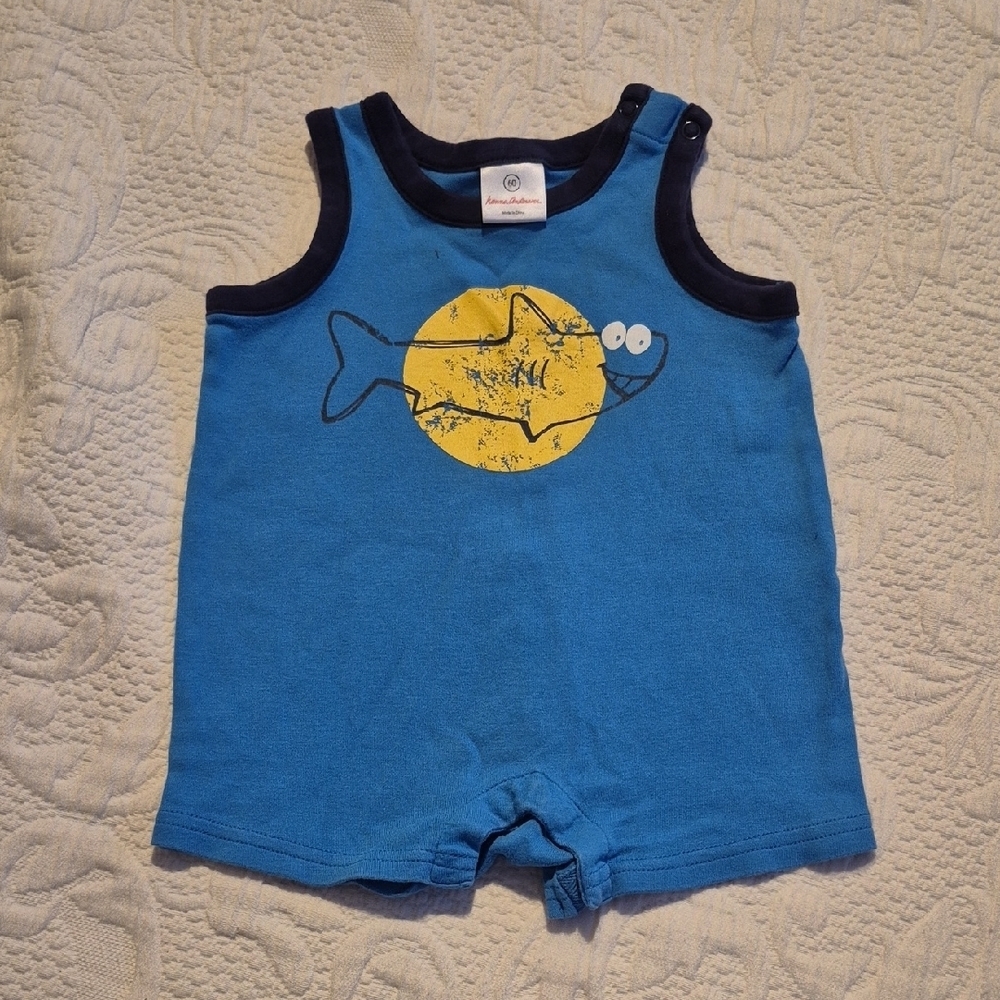 Hanna Andersson 60 or 3-6 months 2 tone blue romper shark design GUC